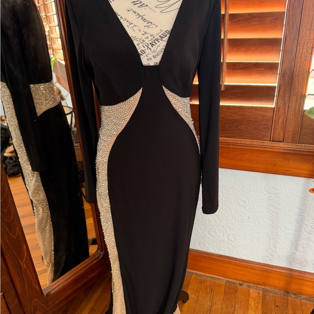 Xscape Black Long-Sleeve Evening Gown with Champagne Crystal Panels